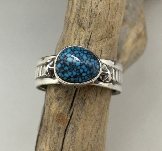 Navajo Steve Arviso Spider Web Kingman Turquoise Ring - 練馬の