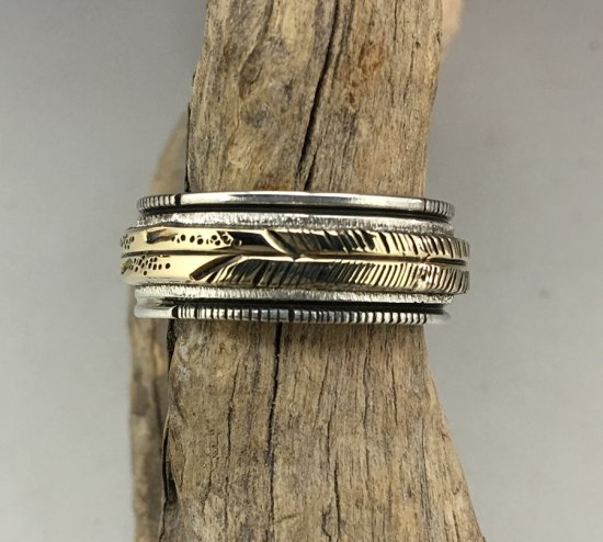 Navajo Alvin Monte Silver and 14K Feather Ring - 練馬の