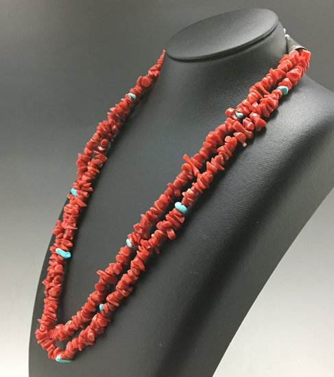 Santo Domingo Ramona Bird 2 Strand Coral and Turquoise Necklace