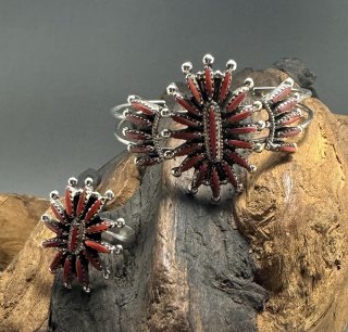 Zuni Gerald Etsate Coral Needle Point Cuff Bracelet & Ring Set