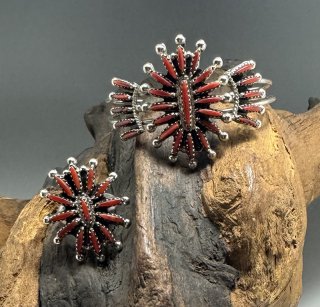 Zuni Gerald Etsate Coral Needle Point Cuff Bracelet & Ring Set