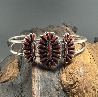 Zuni Judy Wallace Coral Needle Point Cuff Bracelet