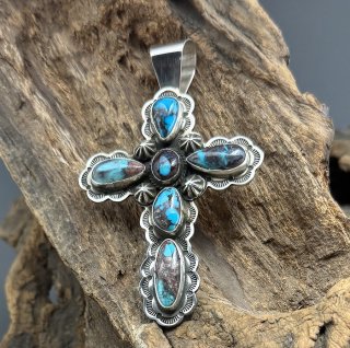 Navajo Andy Cadman Natural Bisbee Turquoise Cross Pendant