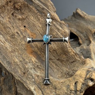 Navajo Aaron Anderson Natural Spider Web Kingman Turquoise Tufa Cast Cross Pendant