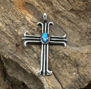 Navajo Aaron Anderson Natural Bisbee Turquoise Tufa Cast Cross Pendant