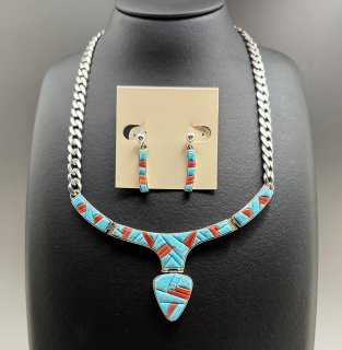 Navajo Rick Tolino Kingman Turquoise & Coral Cobblestone Inlay Necklace Earrings Set 