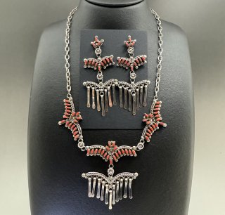 Zuni Rose & Darryl Famborough Small Coral Needle Point Necklace, Earrings Set