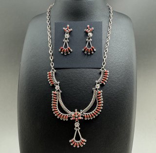 Zuni Rose & Darryl Famborough Small Coral Needle Point Necklace, Earrings Set