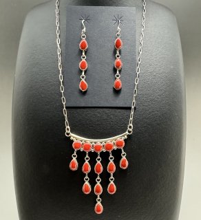 Navajo Anna Spencer Coral Cluster Necklace, Earrings Set