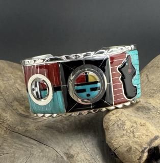 Zuni Don Dewa 2 Spinners Inlay Work Cuff Bracelet