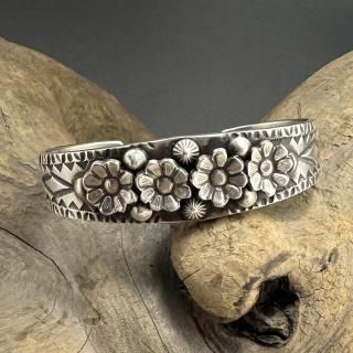 Navajo Calvin Martinez Silver Flower Applique's Cuff Bracelet