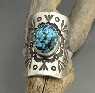 Navajo Herman Smith Spider Web Kingman Turquoise Ring