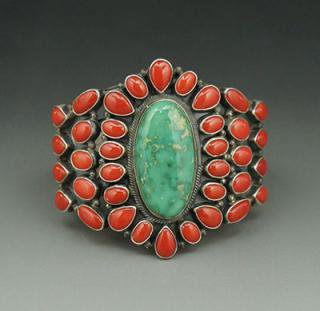 Navajo Kirk Smith Carico Lake Turquoise and Mediterranean Red Coral Cluster Bracelet