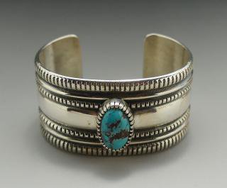 Navajo Harrison Jim Kingman Turquoise Hand Stamping Silver Bracelet
