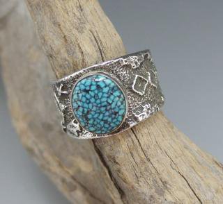 Navajo Delford Yazzie Natural Hige Grade Spider Web Kingman Turquoise Tufa Cast Ring
