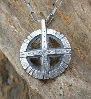 Hopi Antone Honanie Tufa Cast and Overlay Medicine Wheel Pendant