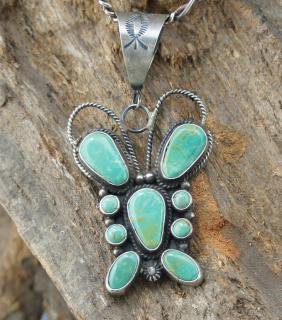 Navajo Dean Brown Pilot Mountain Turquoise Butterfly Pendant