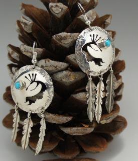 Navajo Turquoise and Kokopelli Cutout Silver Feather Earrings