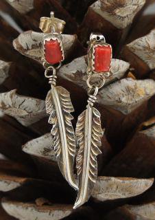 Navajo Coral Feather Earrings