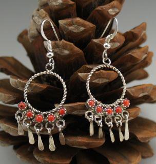 Zuni Wire Hoop Coral Petit Point Fringe Earrings