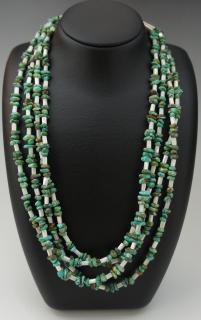 Navajo Turquoise Nugget and White Mother of Parl Four-Strand Necklace