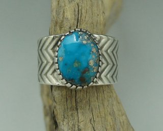 Navajo Tommy Jackson Morenci Turquoise Hand Stamping Ring