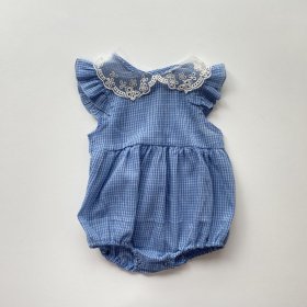 lace Collar blue-check Rompers