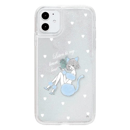 iPhone12 mini ケースiPhone14対応 iPhoneケース BLUE CAT 〈サンドグリッターWH〉