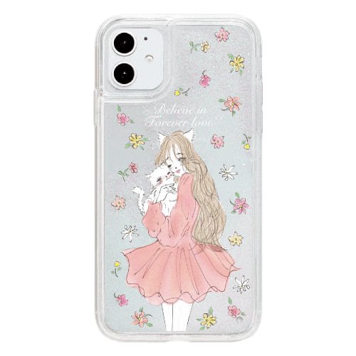 iPhone11 Pro ケースiPhone14対応 iPhoneケース FLOWER CAT GIRL 〈サンドグリッターWH〉