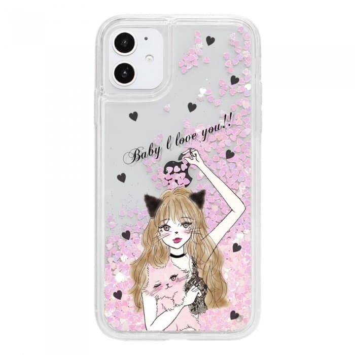 iPhone12 mini ケースiPhone14対応 スマホケース iPhoneケース BLACK CAT GIRL 〈ハートピンクグリッター〉