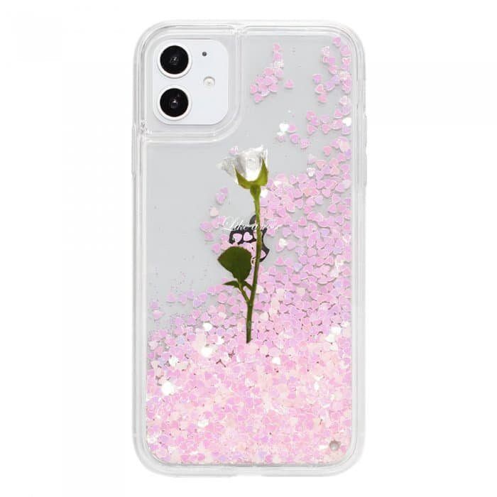 iPhone12 mini ケースiPhone14対応 スマホケース iPhoneケース WATER WHITE ROSE 〈ハートピンクグリッター〉