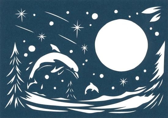 青切り絵「月とイルカ/moon and dolphins」 - コントラスト