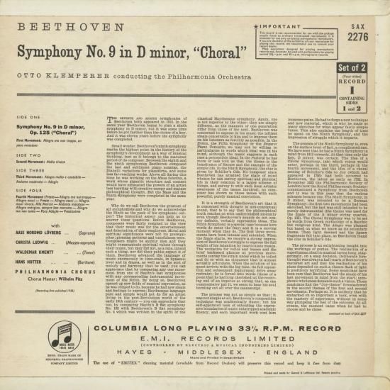 英Columbia SAX2276/7　ベートーヴェン 第九　クレンペラー ベートーヴェン 交響曲 第9 クレンペラー フィルハーモニア