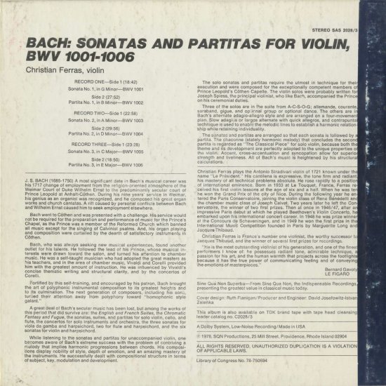 バッハ：6つの無伴奏ヴァイオリン・ソナタ/クリスチャン・フェラス/SAS 