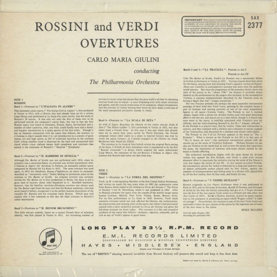序曲集 ロッシーニ ヴェルディ ジュリーニ フィルハーモニア管弦楽団 | クラシックLPレコード