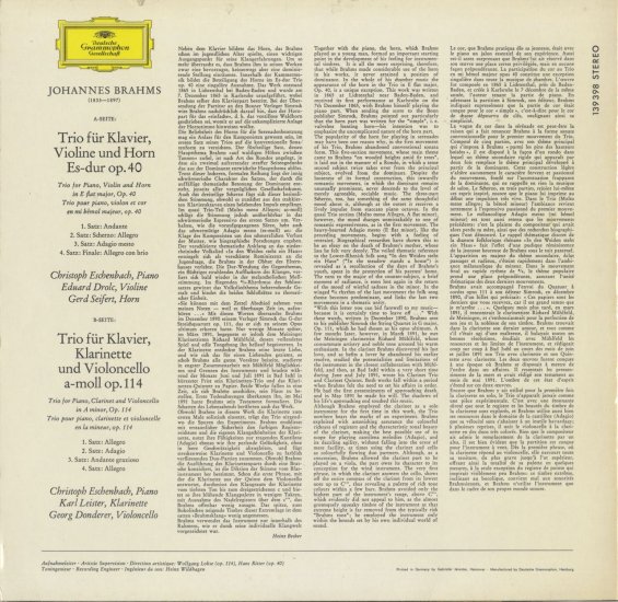 ブラームス：ホルン三重奏曲Op.40，クラリネット三重奏曲Op.114 - クラシックLPレコード専門店Silent Tone Record