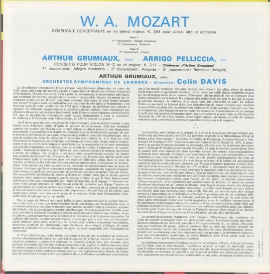 Mozart Sinfonia concertante Grumiaux | LP Record Vinyl