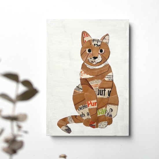 レザーのコラージュアート（ネコ） 猫 動物 A4サイズ 木製パネル 