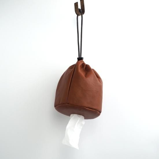 牛革製ブラウン巾着袋　防水加工 牛革製ブラウン巾着袋防水加工