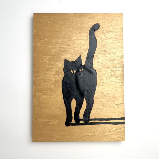 レザーのコラージュアート（クロネコ） 黒猫 動物 A4サイズ 木製パネル 
