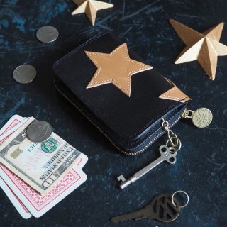 キーウォレット [ キーケース + ミニ財布 ]（星パッチワーク/ ブラック）本革 コンパクト スター
