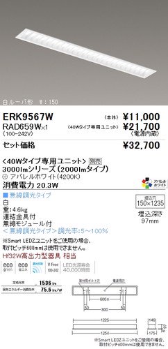 遠藤照明 ERK9567WA+RAD659W セット品 LEDベースライト 白ルーバ形 