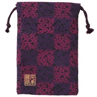【真鍮ベル付き】千糸繍院　西陣織　金襴　巾着袋（裏地付き）　紅紫小桜　Mサイズ