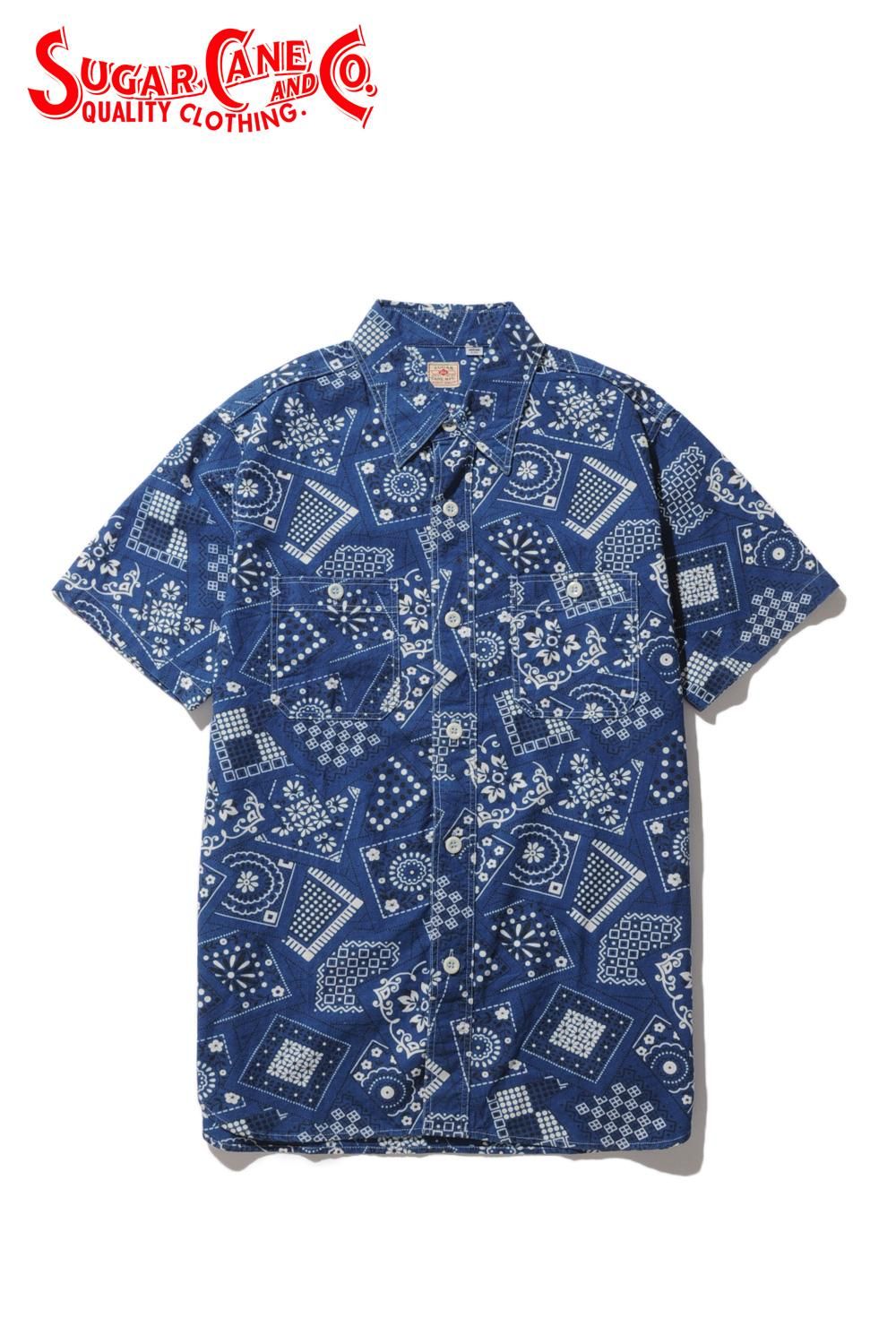 SUGAR CANE(シュガーケーン) 半袖シャツ INDIGO BANDANA PRINT S