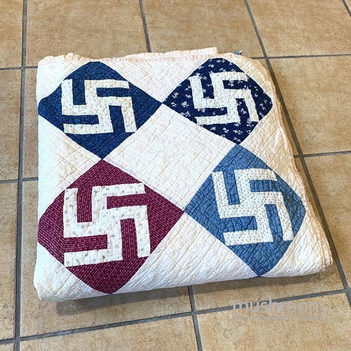 ANTIQUE CALICO PATCHWORK QUILT WITH SWASTIKA - 古着屋 ANTIQUE CALICO PATCHWORK QUILT WITH SWASTIKA - 古着屋