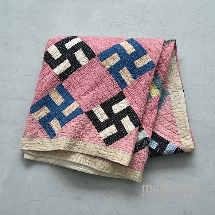 OLD CALICO PATHWORK QUILT WITH SWASTIKA