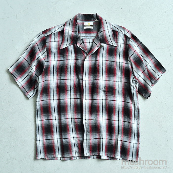 OLD PLAID SHORT SLEEVE RAYON SHIRT（L/GOOD CONDITION）