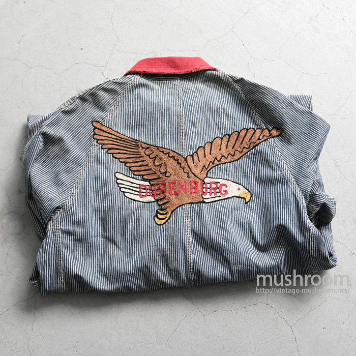 OLD TWO-TONE HICKORY-STRIPED SHOP COAT WITH EMBROIDERY