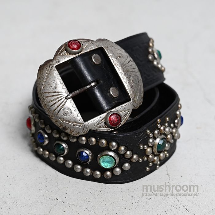 OLD STUDDED JEWEL LEATHER BELT（GOOD CONDITION/30） - 古着屋 