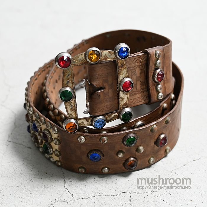 OLD STUDDED JEWEL LEATHER BELT（GOOD CONDITION/38） - 古着屋